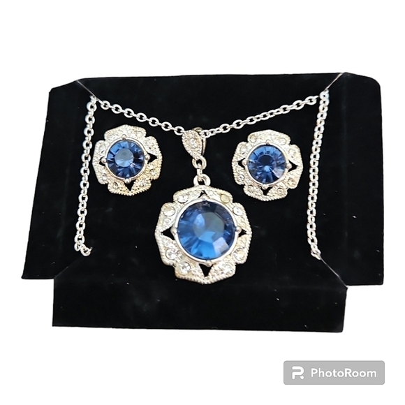 Avon Jewelry - AVON Antique Style Colletta Faux Sapphire Holiday Necklace Earrings Set